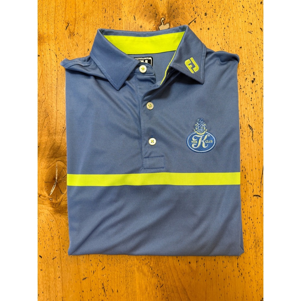 FootJoy Athletic Fit Collar Logo Medium Blue Neon Yellow Stripe Polo‎